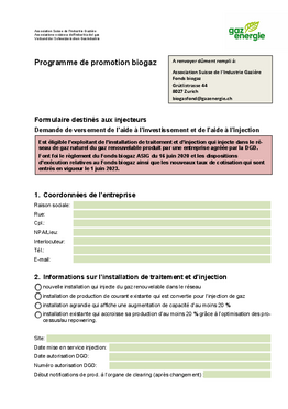 Biogaz: Programme de promotion biogaz - Formulaire destinés aux injecteurs