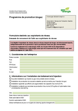 Biogaz: Programme de promotion biogaz - Formulaire destinés aux exploitants de réseau